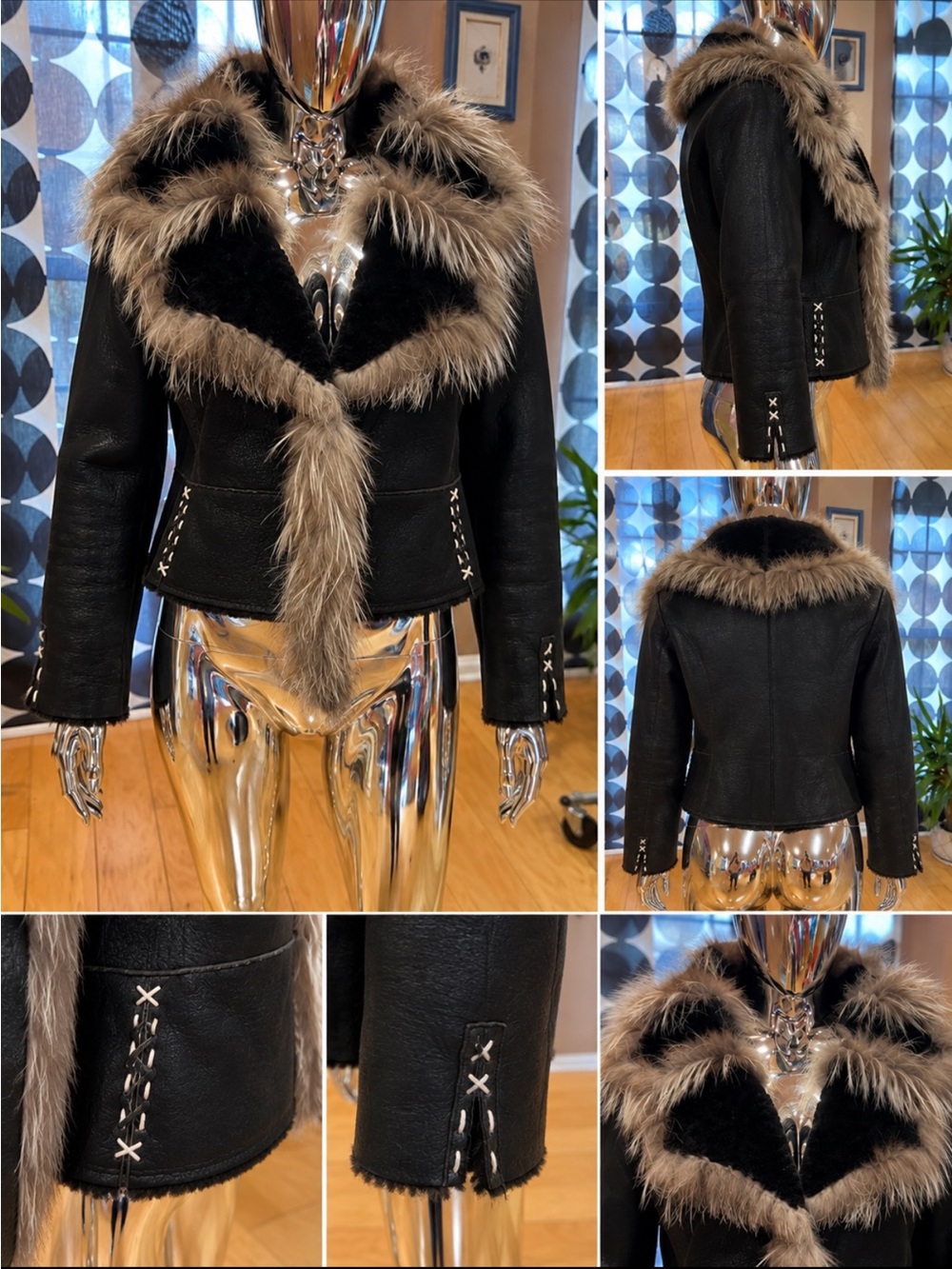Genuine Shearling Leather Jacket w/ Argentinian Fox Fur Trim Black